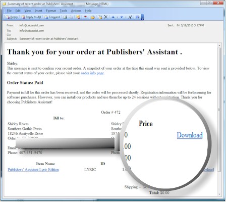 (Screen shot of Confirmation email highlighting the "Download" link.)