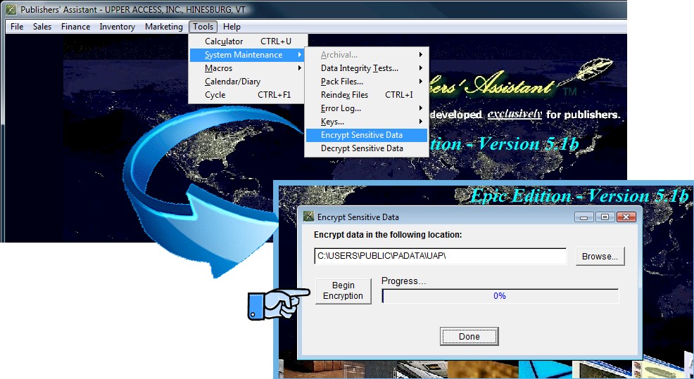 Screen shot of "Encrypt Sensitive Data" menu selection and screen.