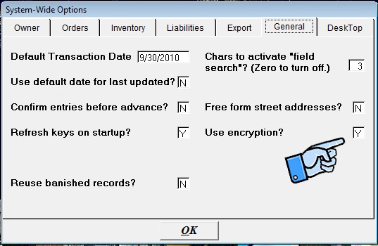 The Encryption option in the System-Wide Options screen.