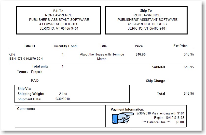 A sample invoice report with credit card payment information.