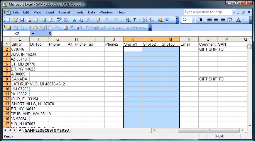 Excel with Ship``To fields shown here.