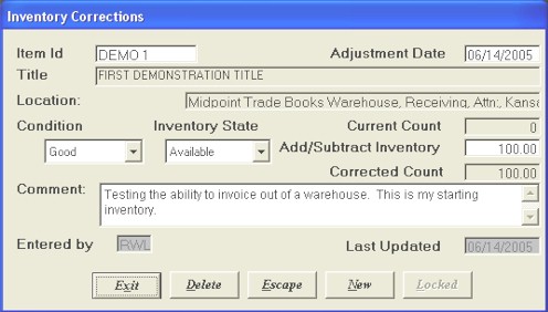 Inventory Corrections screen