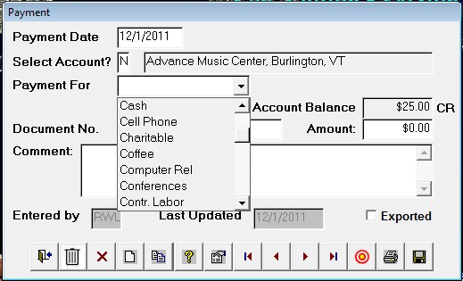 Payment screen showing previously entered alternate expense categories.